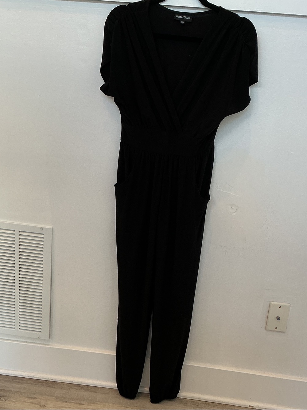 Aqua Black V-Neck Short Sleeve Jumpsuit with Pockets